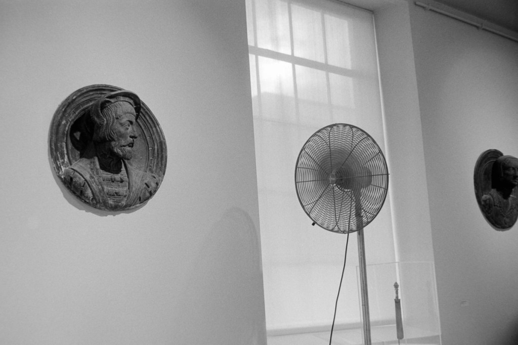 Black and white photo, a the sculpted head of a man peers out of a renaissance medallion at an oscillating fan.