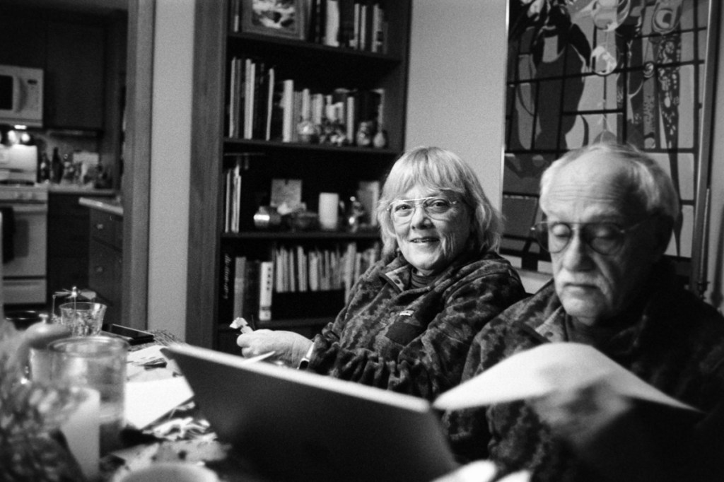 Black and white photo of my mom and her partner.