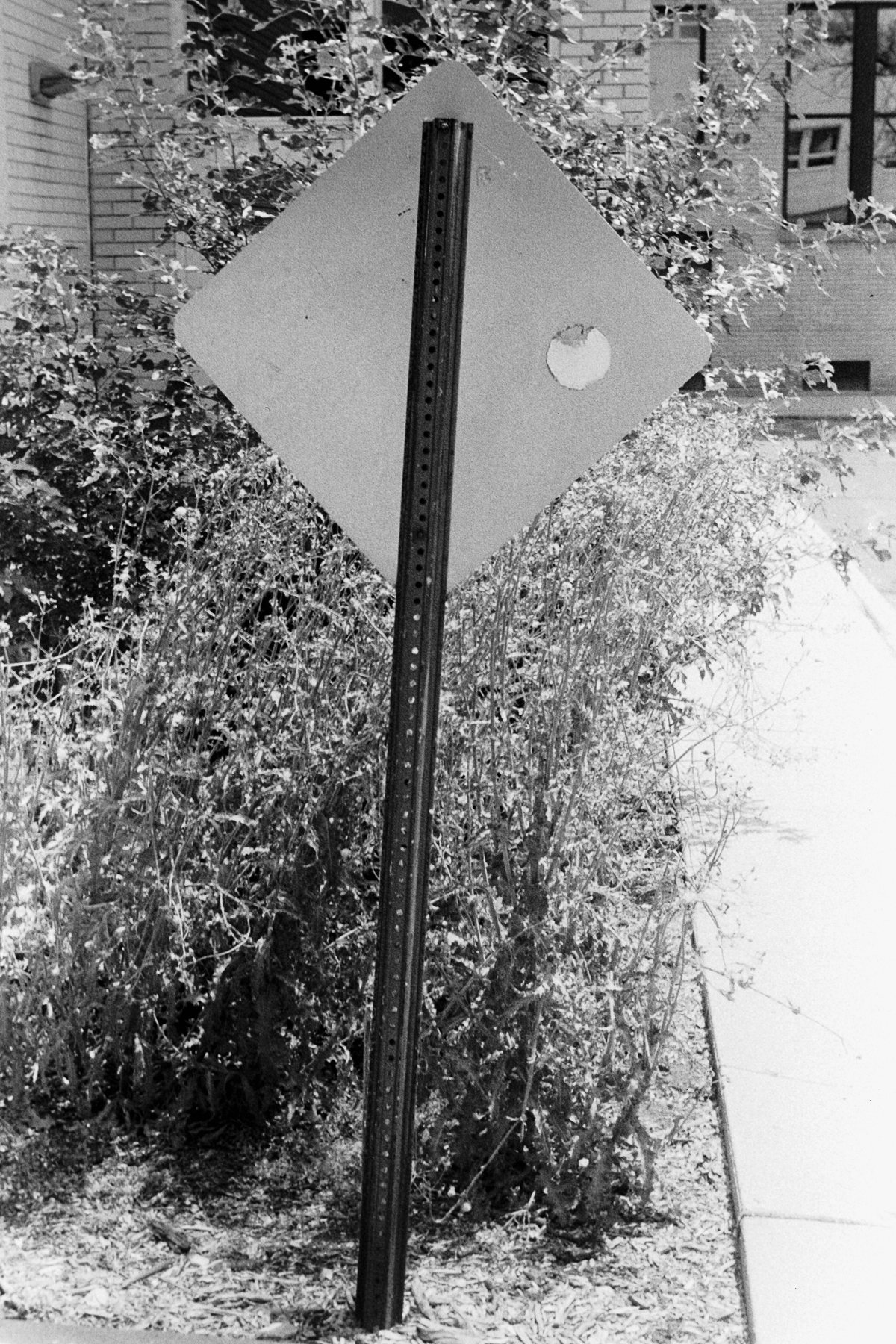A black and white photo of a sign. What does it say? We're looking at its back. 